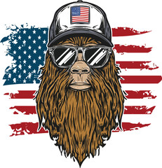 Bigfoot Wearing Sunglasses Holding an American Flag &ndash; Patriotic Cryptid Adobe Illustration