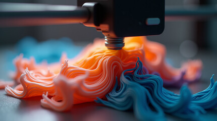  Precision in Motion – Close-Up of a 3D Printer Extruding Vibrant Recycled Filament to Create a Complex, Detailed Object with High Accuracy and Smooth Layering