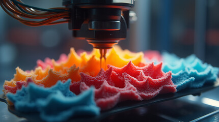  Precision in Motion – Close-Up of a 3D Printer Extruding Vibrant Recycled Filament to Create a Complex, Detailed Object with High Accuracy and Smooth Layering