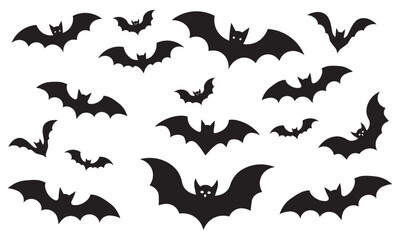 Silhouette of Flying Bats Set Isolated on White Background – Halloween-Themed Black Bat Vector for Spooky Designs and Decorations