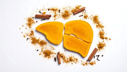 Conceptual image of a liver made from bread surrounded by spices on white background.  Illustrating health and nutrition with overhead shot
