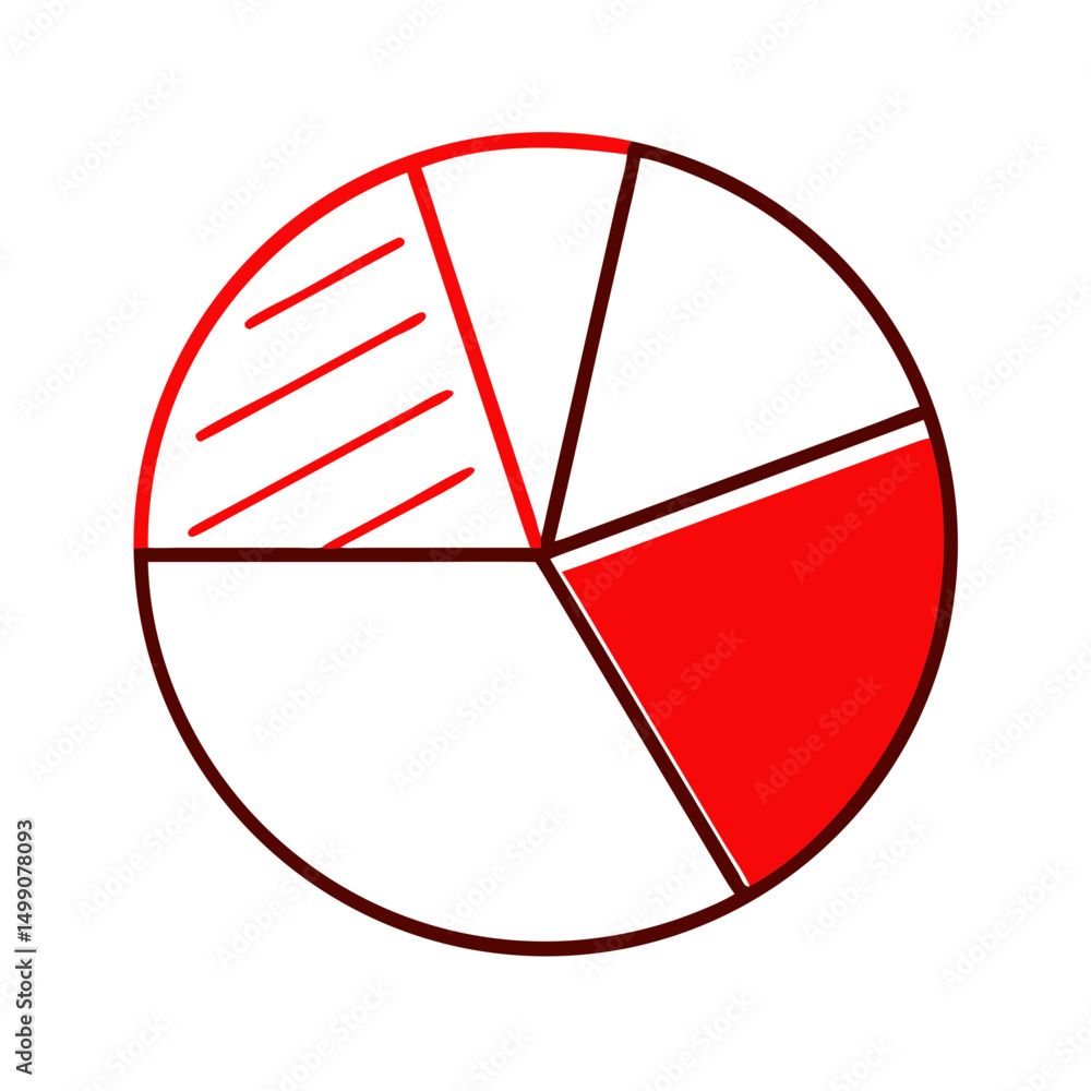 Poster red pie graph with segments displaying data distribution concept of icon