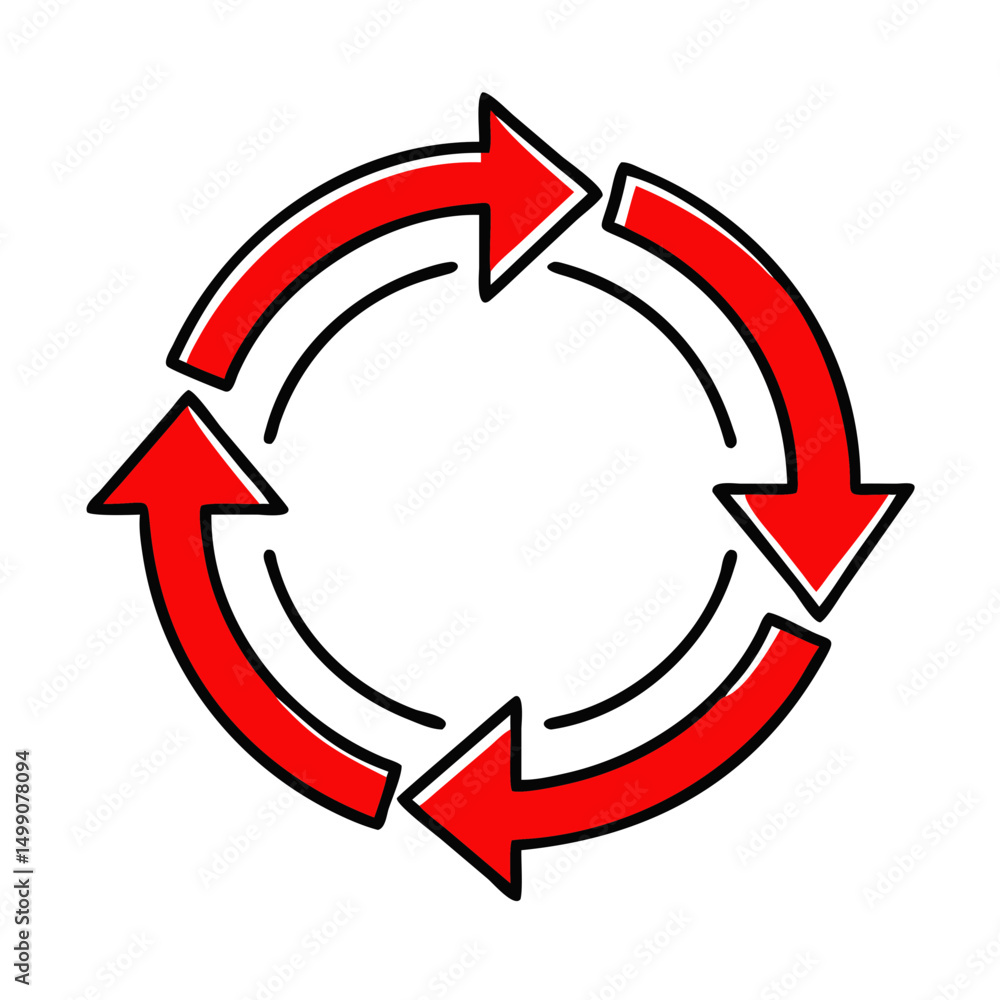 Poster circular progress icon with red arrows in a looping design
