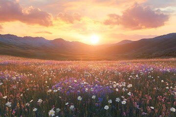 A vibrant sunset over a flower-filled meadow with mountains in the background.