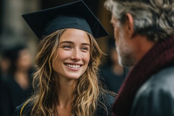 Fototapeta premium Happy graduate student celebrates graduation day with her father after receiving certificate at the university. High quality