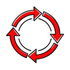 Circular progress icon with red arrows in a looping design  