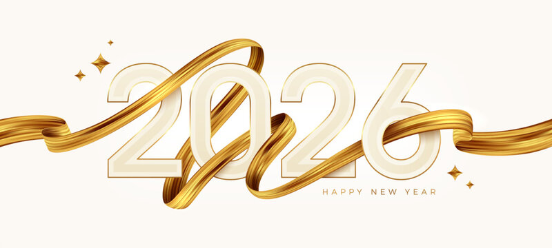 2026 New Year  logo with golden paint brushstroke.   New Year sign with golden ribbon. Vector illustration.