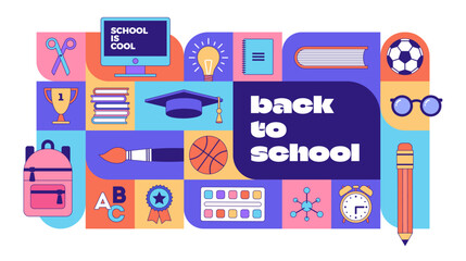 Back to school colorful banner with school object, supplies and stationery. Vector illustration.