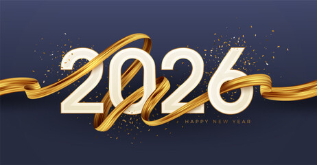 2026 New Year  logo with golden paint brushstroke and golden confetti. New Year sign with golden ribbon. Vector illustration.