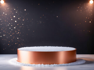 Rose Gold Cylinder on Snow with Festive Lights.