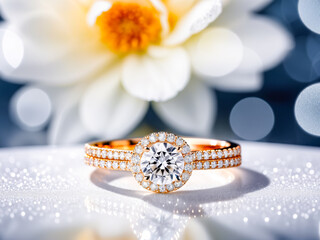 Sparkling Diamond Ring on Glittering Surface with Blurred Floral Background
