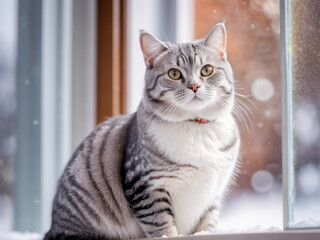 Silver Tabby Cat Sitting by Window in Winter