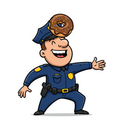 A cheerful cartoon policeman with rosy cheeks is balancing three sprinkled donuts on top of his hat, looking proud and happy.