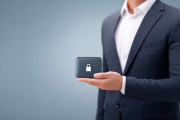 A professional businessman in a suit holding a smartphone displaying a locked wallet icon representing secure digital financial transactions and data protection