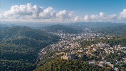 Obraz premium Overhead view showcases a city's architecture surrounded by hills and trees