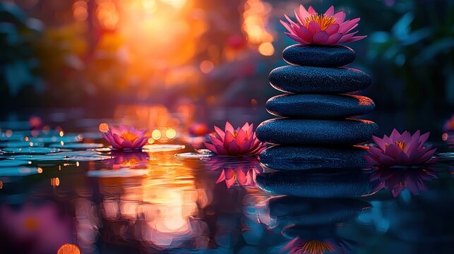 Zen garden scene with stacked stones and lotus flowers