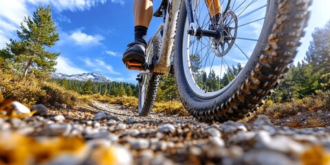 Naklejka premium Close-up of mountain bike ride on rocky trail in dry landscape