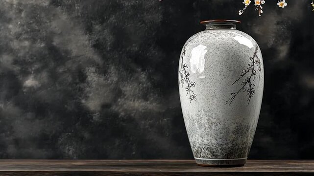 Elegant ceramic vase on a dark wooden surface
