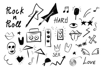 Rock n roll punk music grunge doodle on isolated background. Vector set with Rock elements, guitars, music speakers, skull, heart, tape recorder, inscriptions, drums. Design for tattoo, stickers, logo