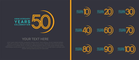 logo anniversary set. blue and yellow color with swoosh on black background for special event