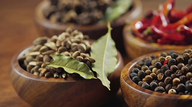 Wooden bowls filled with various spices, including peppercorns, chili peppers, and bay leaves