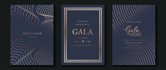 Fototapeta na wymiar Luxury wedding invitation card background vector. Golden elegant gold wavy lines on navy blue background. Premium design illustration for wedding, vip cover template, banner, poster.