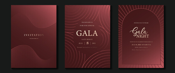 Fototapeta na wymiar Luxury wedding invitation card background vector. Golden elegant gold wavy lines on red background. Premium design illustration for wedding, vip cover template, banner, poster.
