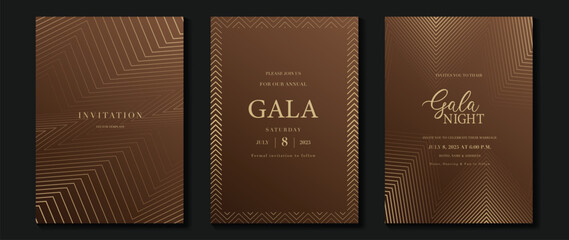 Plakat Luxury wedding invitation card background vector. Golden elegant geometric shape, gold wavy lines on brown background. Premium design illustration for wedding and vip cover template, banner, poster.
