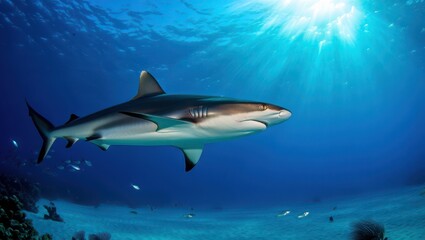 Obraz premium Caribbean reef shark swimming in the blue ocean water with sunlight
