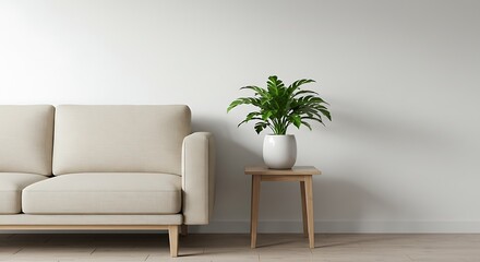 Minimalist Beige Sofa and Plant: Serene Living Room Interior