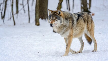 Gray wolf walking through the snow covered forest in winter season