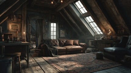 Vintage cozy attic interior with leather sofa, desk and a window view