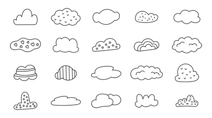 Cloud set outline line art soft floating shapes with rounded and puffy forms perfect for yours illustration and creative designs projects
