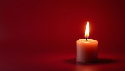 Single lit candle on a dark red background. Warm glowing flame providing light in a solemn or spiritual setting.