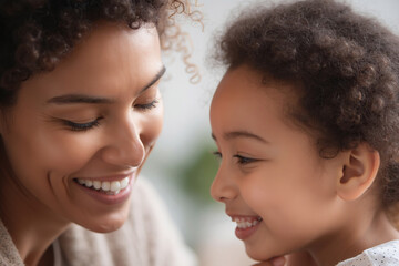 A mother and daughter share a tender moment, smiling and interacting closely with loving expressions. - Generative AI