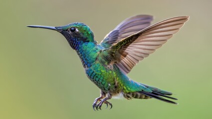 Fototapeta premium Vibrant hummingbird in flight showing iridescent green and blue plumage