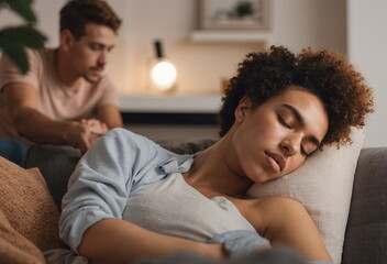 A man watches a sleeping woman on a couch, suggesting a strained relationship or concern. The scene is dimly lit and intimate.  - Generative AI