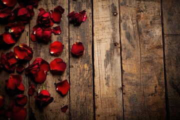 Red rose petals scattered on a weathered wooden surface