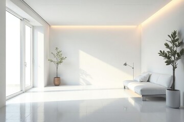 Fototapeta premium Sleek white minimalist interior with geometric shapes and natural light , modern design, minimalism