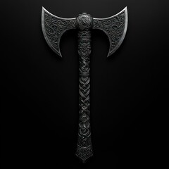 Ornate double-headed axe with intricate carvings on its blades and handle.  Dark, metallic finish