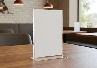 Empty Acrylic Menu Holder on Wooden Table in Cafe