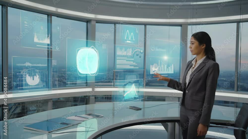 Aufkleber business woman working on holographic display presentation charts and graphs data visualizations in 