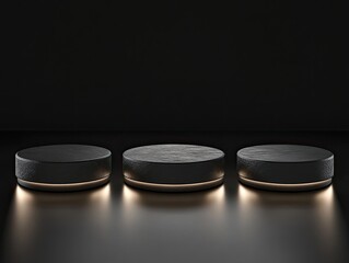 Three dark-grey, cylindrical platforms with subtle texture, illuminated by warm-toned light at their bases, sit on a reflective black surface against a black background