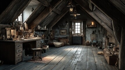 Mysterious Attic Workspace: An Interior Filled with Curious Objects and Shadows