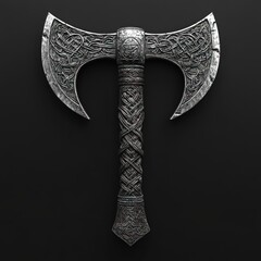 Ornate double-headed axe, intricately carved metal blade and handle.  Ancient, decorative, medieval weapon