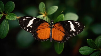 A butterfly perched on the edge of green leaves, macro photography, dark background, blurred foreground.