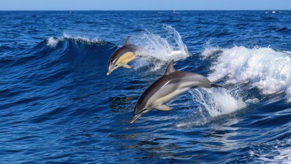 Fototapeta premium Two dolphins leaping from the ocean waves in a display of nature