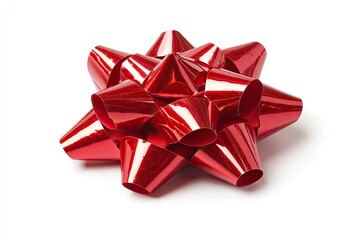 A vibrant, star-shaped, red ribbon bow