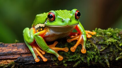 Green frog with orange legs sitting on a mossy branch in the forest