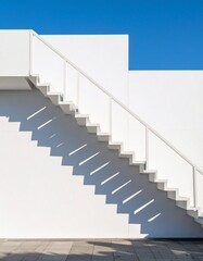 A zigzag stair shadow falls across a white wall in early morning light